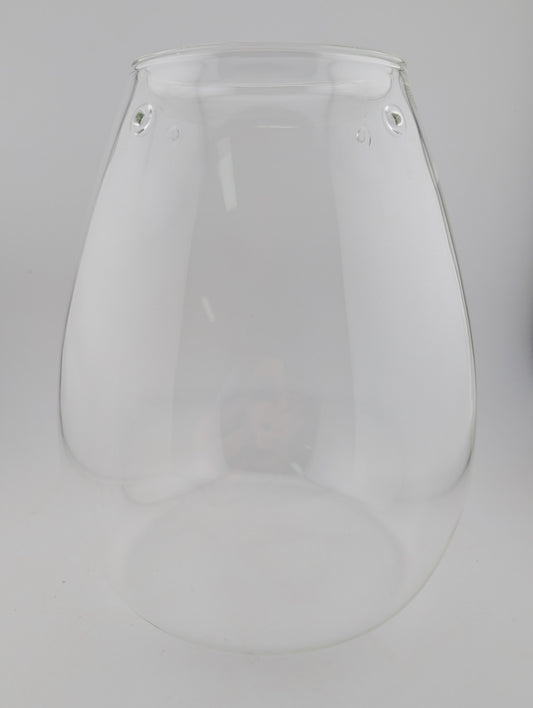Clear glass vase with a teardrop shape.